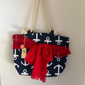 Mud Pie Navy Anchor Tote with Red Bow